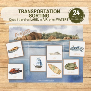 Lucht Land Water Activiteit Transport Sorteerspel Afdrukbaar Preschool Peuter Homeschool Montessori Resource Association Voertuig Sorteerkaart