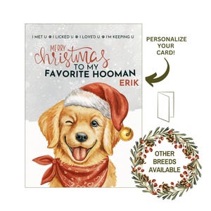 Divertida tarjeta navideña para mascotas de un golden retriever para mi humano favorito. Tarjeta navideña imprimible para papá, mamá, amigo peludo o amante de los cachorros.