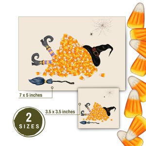 Carte imprimable Halloween drôle, sorcière enterrée dans des bonbons au maïs, invitations à une fête, Halloween, reliques d'anniversaire, cadeau de réveillon pour amis, famille, collègues