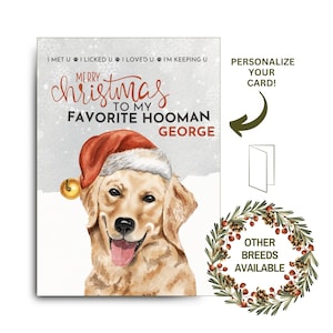 Divertida tarjeta navideña para mascotas de un golden retriever para mi humano favorito. Tarjeta navideña imprimible para papá, mamá, amigo peludo o amante de los cachorros.
