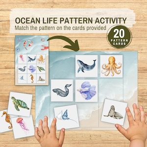 Copia la secuencia: juego imprimible de emparejamiento de animales, actividad de clasificación de patrones de la vida marina, tarjetas con imágenes, recursos Montessori para niños pequeños en edad preescolar.