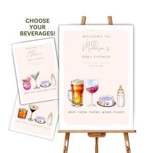 Letrero de bienvenida personalizado para baby shower "Y luego había cuatro bebidas divertidas", póster de baby shower de género neutro, impresión de anuncio de embarazo