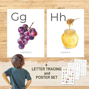 Pósteres del alfabeto en gran formato para uso en el aula Impresiones de alimentos en acuarela Alfabeto de pared Montessori Letras preescolares Trazado Aprendizaje del alfabeto