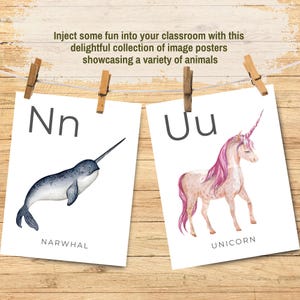 Peut inclure: Deux affiches de l'alphabet avec des illustrations d'une narval et d'une licorne. L'affiche pour la lettre N pr&eacute;sente une narval bleue et grise avec une longue corne. L'affiche pour la lettre U pr&eacute;sente une licorne blanche avec une crini&egrave;re et une corne roses. Les deux affiches pr&eacute;sentent la lettre et le nom de l'animal &eacute;crit sous l'illustration.