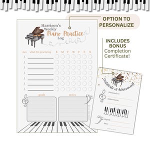 Utskrivbar veckologg för pianoövning, schema för musikövning för elever och lärare, schema för pianoövning, musikmål + BONUS PRESENTKORT