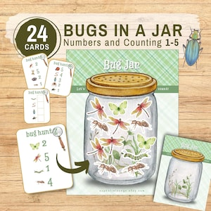 Op de afbeelding: Een set van 24 printbare kaarten voor een insecten-telspel. De kaarten tonen een pot met verschillende insecten erin, waaronder vlinders, libellen en mieren. De kaarten zijn ontworpen om kinderen te helpen leren tellen van 1 tot 5.