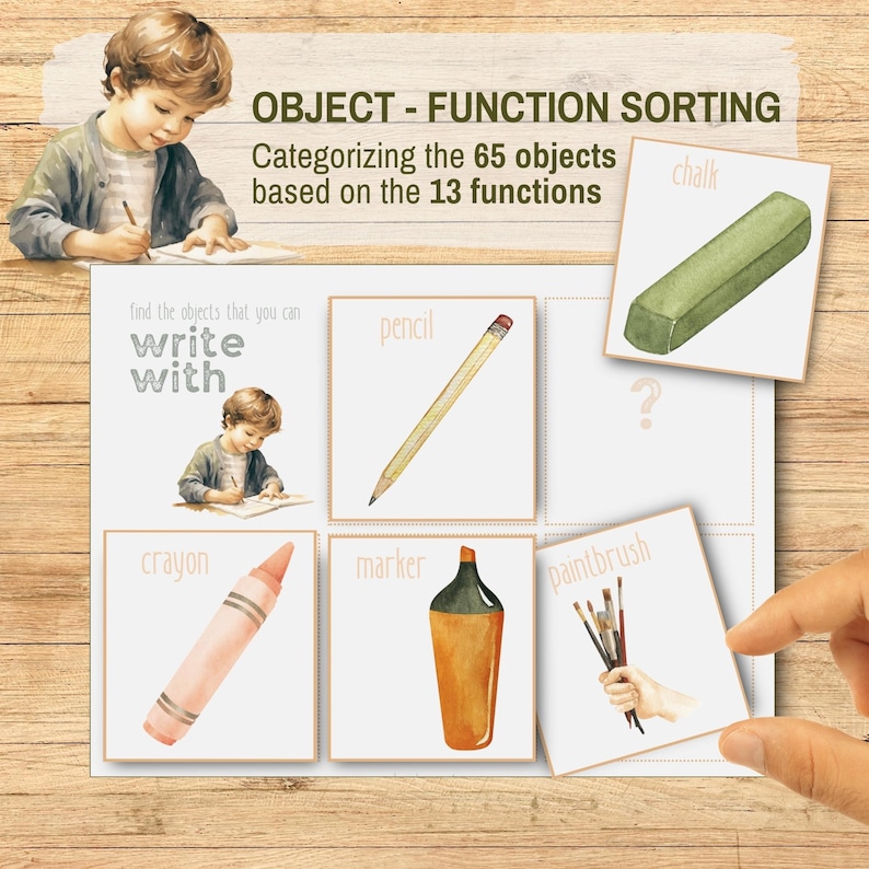 Object Function Picture Sorting Flashcards, Printable PreK Homeschool Montessori Speech Therapy Game, Categorizing Objects Based On Function, Questions examples are: What Items Do You Paint With? What Items Do You Write With? What Items Do You Wash With? What Items Do You Play With?