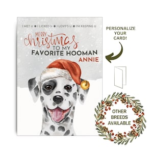 Divertida tarjeta navideña para mascotas de un perro dálmata para mi humano favorito. Tarjeta navideña imprimible para papá, mamá, amigo peludo o amante de los cachorros. Regalo para dueño.