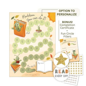Puede incluir: Un gráfico de lectura personalizado con un diseño caprichoso. El gráfico presenta un camino en espiral con números, ilustraciones de un gusano de libro y el texto "Maddison you can do it!". Incluye un certificado y pegatinas.