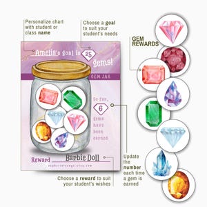 May include: A colorful gem jar reward chart with the text "Amelia's goal is 25 gems!" and "GEM JAR". The chart includes illustrations of various gems and the text "Barbie Doll".