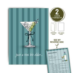 Cartões engraçados de feliz aniversário com Martini, cartão de bebida personalizado para impressão, convites para festa de aniversário com tema de coquetel, laço, coquete, um pouco mais velho