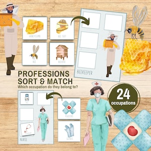 Ocupaciones: clasificación de tapetes y tarjetas imprimibles, aprendizaje de profesiones, juego de desarrollo infantil, tapetes de clasificación para ayudantes comunitarios, recursos preescolares