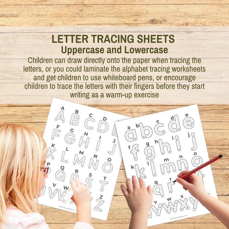 Puede incluir: Hojas de trazado de letras may&uacute;sculas y min&uacute;sculas. Las hojas presentan letras punteadas para trazar. La imagen muestra a ni&ntilde;os trazando las letras con un l&aacute;piz y un dedo. El texto de la imagen dice "LETTER TRACING SHEETS Uppercase and Lowercase".