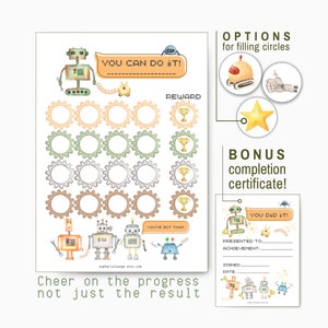 Cuadro de recompensas de robots imprimible para niños con opciones para completar, tabla de calcomanías de tareas, comportamiento, seguimiento de objetivos y progreso, cuadro de entrenamiento para ir al baño