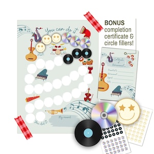 Cuadro de recompensas musicales para niños según su comportamiento, cuadro de práctica musical, cuadro de calcomanías imprimibles para tareas de entrenamiento para ir al baño, cuadro de práctica de piano + REGALO ADICIONAL