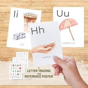 Tarjetas con el alfabeto para imprimir en formato grande, para usar en el aula, con acuarela, para decoración de guarderías, para preescolares, Montessori, para trazar letras del alfabeto