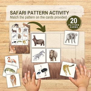 Copia la secuencia: juego imprimible de emparejamiento de animales, actividad de patrones de vida en la sabana, tarjetas de imágenes para clasificar, recursos Montessori para niños pequeños en edad preescolar.