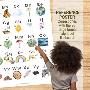 Puede incluir: P&oacute;ster del alfabeto con ilustraciones en acuarela de objetos para cada letra, desde una mariposa hasta una cebra. El p&oacute;ster incluye el texto "REFERENCE POSTER" y "Corresponds with the 26 large format alphabet flashcards."