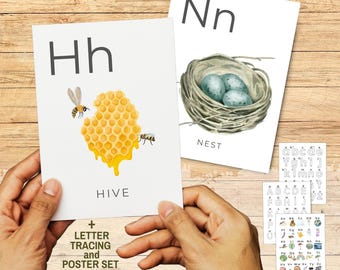 Cartes-éclair imprimables alphabet nature grand format pour une utilisation en classe, décoration murale aquarelle pour chambre d'enfant ABC, apprentissage du traçage de lettres Montessori PreK