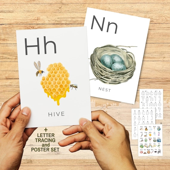 Printable Alphabet Nature Flashcards Large Format Classroom Use, Watercolor ABC Nursery Wall Décor, Montessori PreK Letter Tracing Learning