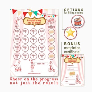 Cuadro de recompensas para quedarse en la cama imprimible para niños pequeños Seguimiento del progreso de los objetivos Cuadro de calcomanías para la hora de dormir Cuadro de sueño Registro de sueño de la siesta del niño Circus