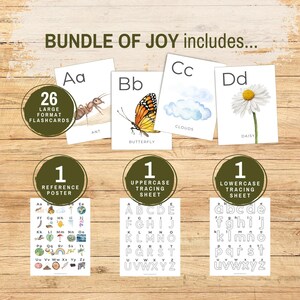 Puede incluir: Paquete educativo con 26 tarjetas did&aacute;cticas de gran formato, un p&oacute;ster de referencia y hojas de trazo de may&uacute;sculas y min&uacute;sculas. Las tarjetas did&aacute;cticas presentan ilustraciones de una hormiga, una mariposa, nubes y una margarita. El texto "BUNDLE OF JOY" est&aacute; en la parte superior.