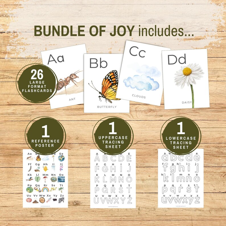 Puede incluir: Paquete educativo con 26 tarjetas did&aacute;cticas de gran formato, un p&oacute;ster de referencia y hojas de trazo de may&uacute;sculas y min&uacute;sculas. Las tarjetas did&aacute;cticas presentan ilustraciones de una hormiga, una mariposa, nubes y una margarita. El texto "BUNDLE OF JOY" est&aacute; en la parte superior.