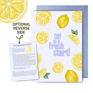 Carte imprimable « Off To a Fresh Start » Citron Félicitations pour nouveau chapitre Nouvel emploi Départ Célébration Carte de remise des diplômes à télécharger Collègue étudiant
