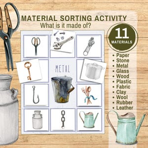 Activité de tri de matériaux, en quoi est-il fait, jeu de science Montessori KS1 à imprimer pour l'école à la maison, associer un objet à une catégorie de matériau