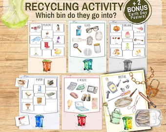 Afvalsorteeractiviteit, recyclingspel, afdrukbaar Earth Day, Prullenbak Vuilnis sorteren, Montessorimateriaal Save The Planet Earth-poster