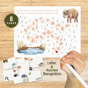 Actividad de reconocimiento de letras y números imprimible Orden numérico alfabético Juego de animales Recurso Montessori para educación en el hogar Hojas de trabajo para colorear