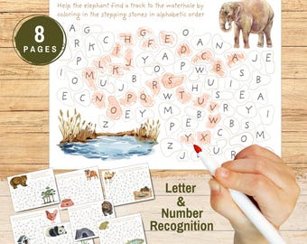 Activité de reconnaissance de lettres et de chiffres, jeu d'animaux par ordre alphabétique numérique, ressource Montessori à imprimer pour l'école à la maison, feuille de travail à colorier