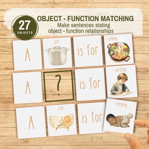 Oraciones de objetos y funciones con imágenes, juego de logopedia Montessori imprimible para educación en casa, crea una oración de objetos según su función
