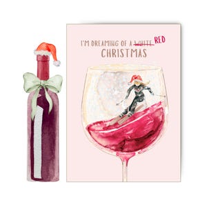 Divertente biglietto di Natale per gli amanti del vino rosso. Sogno un Natale rosso. Buone feste. Sci, brindisi, bevanda, biglietto stampabile, regalo di Natale.