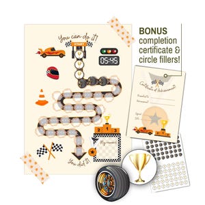 Cuadro de recompensas de autos de carrera para niños, cuadro de comportamiento, cuadro de tareas para imprimir, entrenamiento para ir al baño para niños pequeños, descarga el cuadro de calcomanías para niños + REGALO ADICIONAL