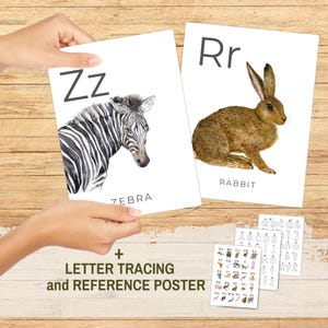 Afdrukbare alfabet dieren flashkaarten groot formaat klaslokaal gebruik aquarel kinderkamer inrichting Montessori kleuterschool ABC-traceerbrief leren