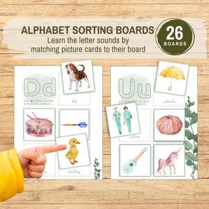 Tableros con imágenes para clasificar el alfabeto, letras Montessori imprimibles, sonidos de las letras para jardín de infantes, sonidos iniciales, aprendizaje del alfabeto en preescolar
