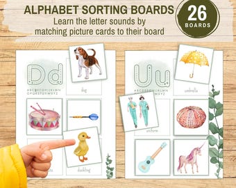 Alphabet Sorting Picture Card Boards, Printable Montessori Preschool Letters and Beginning Sounds Flashcards, Alphabet Learning & Matching