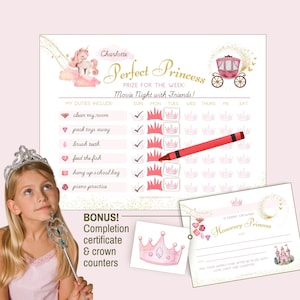Cuadro de recompensas de princesas para niñas, hoja de objetivos diarios, cuadro de comportamiento imprimible, seguimiento de tareas de rutina, descarga de entrenamiento para ir al baño para niños pequeños + REGALO