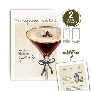 Cartões de Feliz Aniversário Martini para Imprimir com Tema de Bebida Personalizado Convites para Festa de Aniversário Expresso Martini para a Aniversariante Queenie Bow Coquette