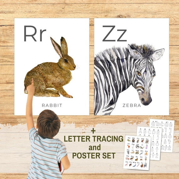 Alphabet Posters Large Format for Classroom Use, Watercolor Animal Prints, Alphabet Wall Decor, Montessori PreK Letter Tracing, Learning ABC