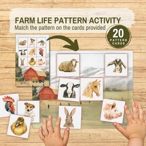 Copia la secuencia: juego imprimible de emparejamiento de animales, actividad de patrones de la vida en la granja, tarjetas de imágenes para clasificar, recursos Montessori para niños pequeños en edad preescolar.