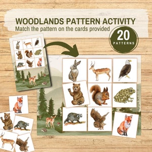 Actividad de patrones de bosques: tarjeta con imágenes para clasificar, recurso Montessori, juego de emparejamiento de animales imprimible para niños pequeños y preescolares