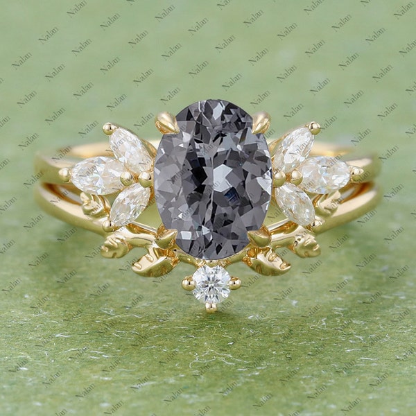 Grey Spinel & Moissanite engagement ring set, vintage 14k gold marquise cut moissanite wedding band women bridal ring set anniversary gift