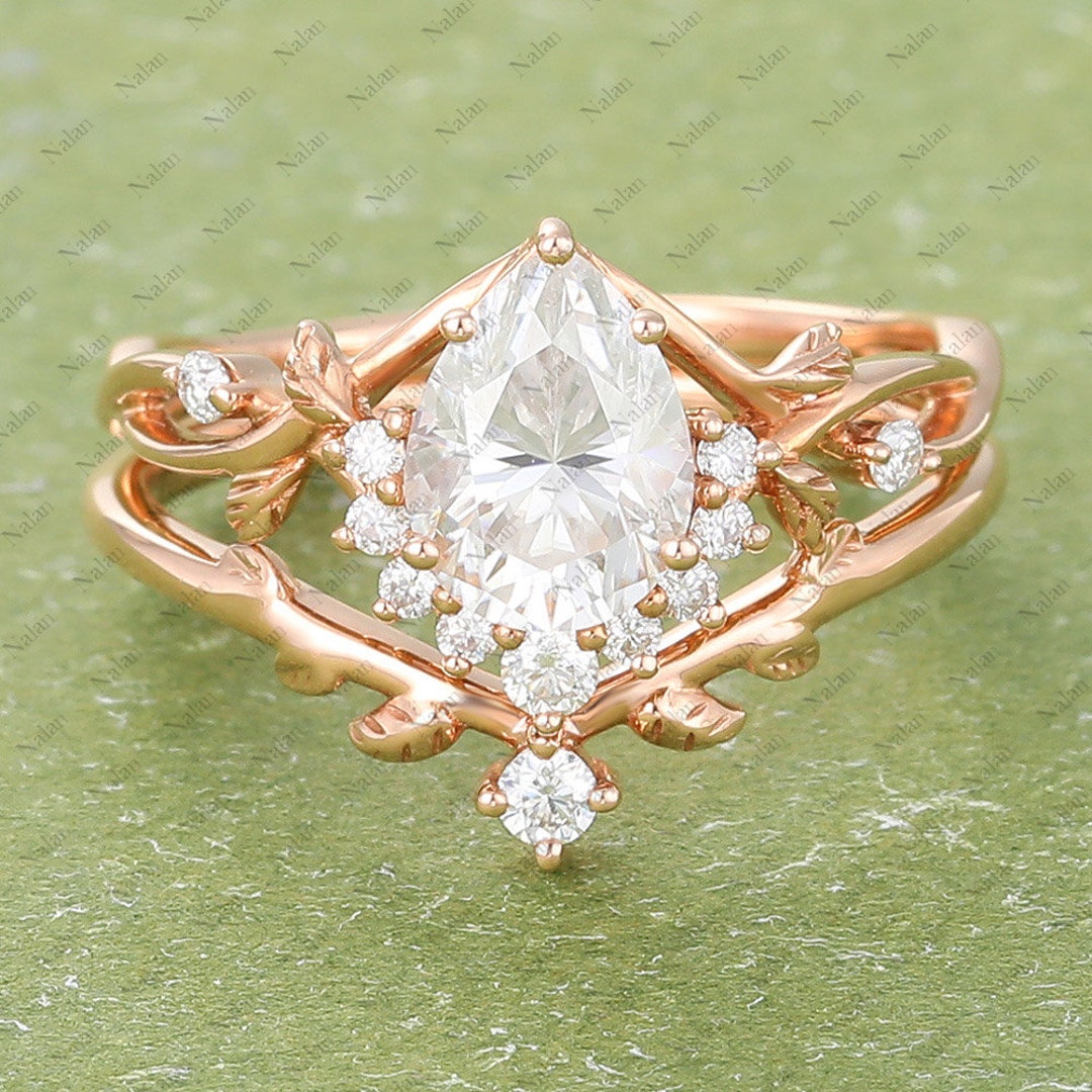 Pear Shaped Moissanite Engagement Ring Set Vintage 14k Rose Gold ...