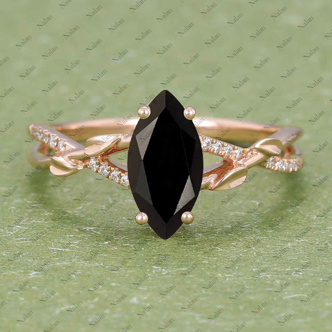Marquise Cut Black Onyx Engagement Ring Vintage Engagement Ring Rose Marquise Cut Black Onyx Engagement Ring Vintage Engagement Ring Rose