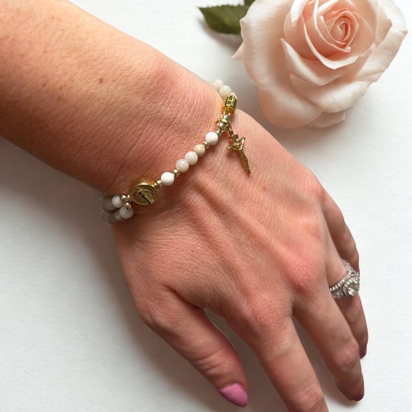 White Lace Agate Magnetic Rosary Bracelet, Catholic Rosaries, Gift for Women