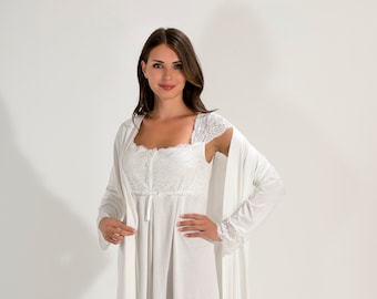 Naturel Viscon Enceinte Blanc Chemise de Nuit et Peignoir 2pièces