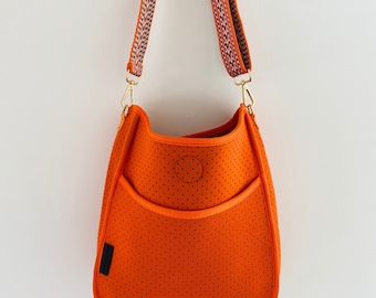 Sunset Orange Neoprene Crossbody bag with Orange, Pink, Brown & Beige Adjustable Strap