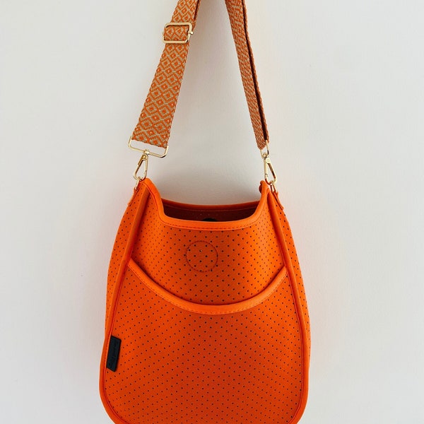 Sunset Orange Neoprene Crossbody bag with Orange & Beige Adjustable Strap